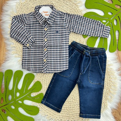 Conj. Camisa Xadrez Manga Longa e Calça Jeans - Bege e Marinho